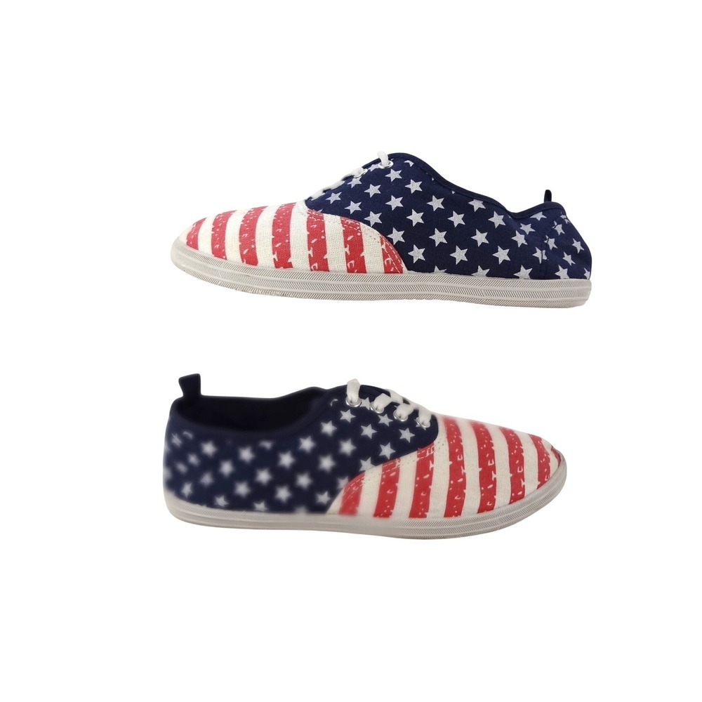 USA Womens 9 American Flag Canvas Lace Up Sneakers Red White Blue Stars Stripes - Picture 3 of 8